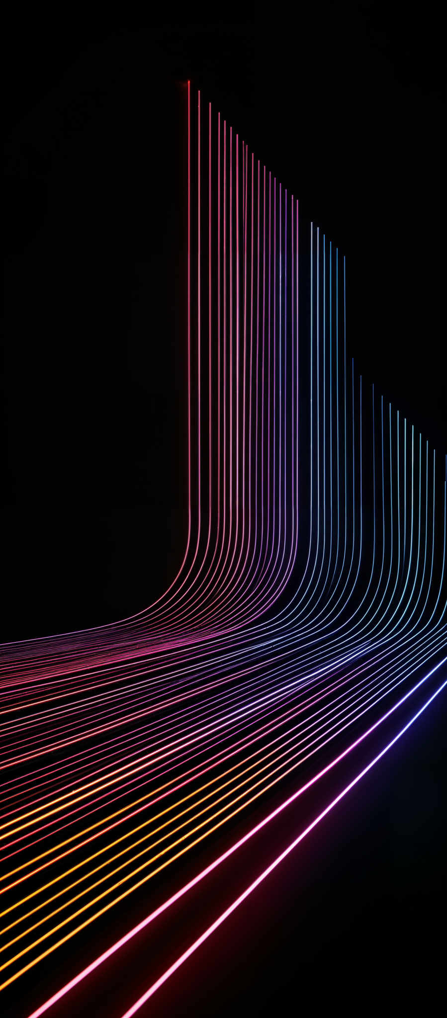 The image showcases a series of colorful, neon-like lines that curve and arch across a dark background. The lines are in vibrant shades of pink, blue, yellow, and purple. They appear to be in a rhythmic pattern, creating an abstract and dynamic visual effect. The curvature of the lines gives the image a sense of movement and depth.