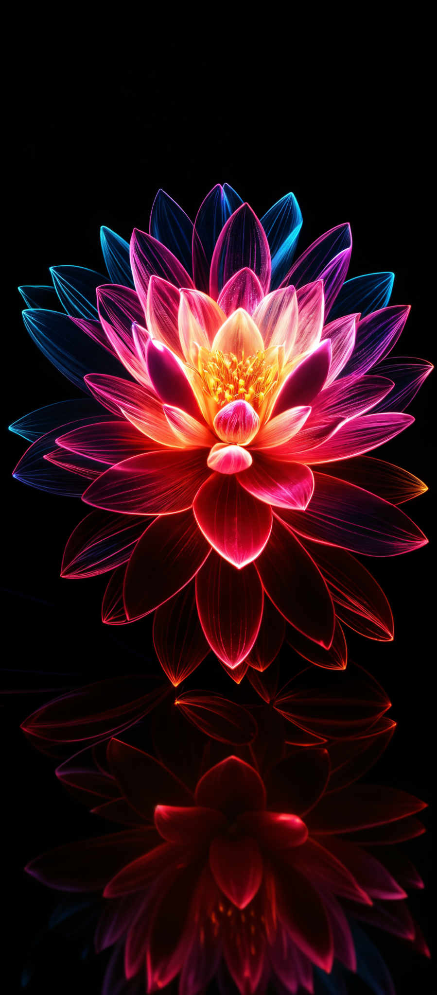 The image showcases a vibrant and colorful lotus flower. The flower is multi-layered with petals that radiate outwards in a symmetrical pattern. The petals are illuminated with a mix of pink, blue, and orange hues, giving them a neon-like glow. The center of the flower is a bright yellow, with intricate details that resemble the stamens and pistils of a flower. Below the flower, there's a reflection on a dark surface, mirroring the flower's vibrance and colors.