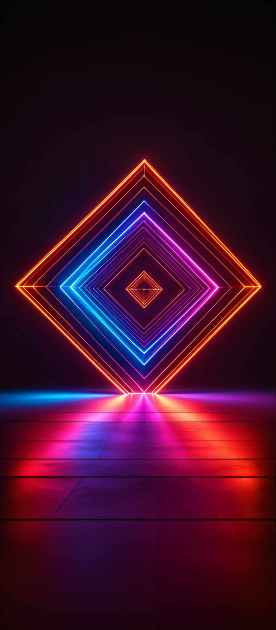 The image showcases a vibrant and captivating geometric design. It features a series of concentric squares and rectangles that radiate outwards, creating an illusion of depth. The colors used are a gradient of neon hues, transitioning from a deep blue at the outermost layers to a fiery orange at the innermost. The design is set against a dark background, which accentuates the glowing lines and colors, making them pop. The reflection of the design can be seen on the floor, adding to the overall visual appeal.