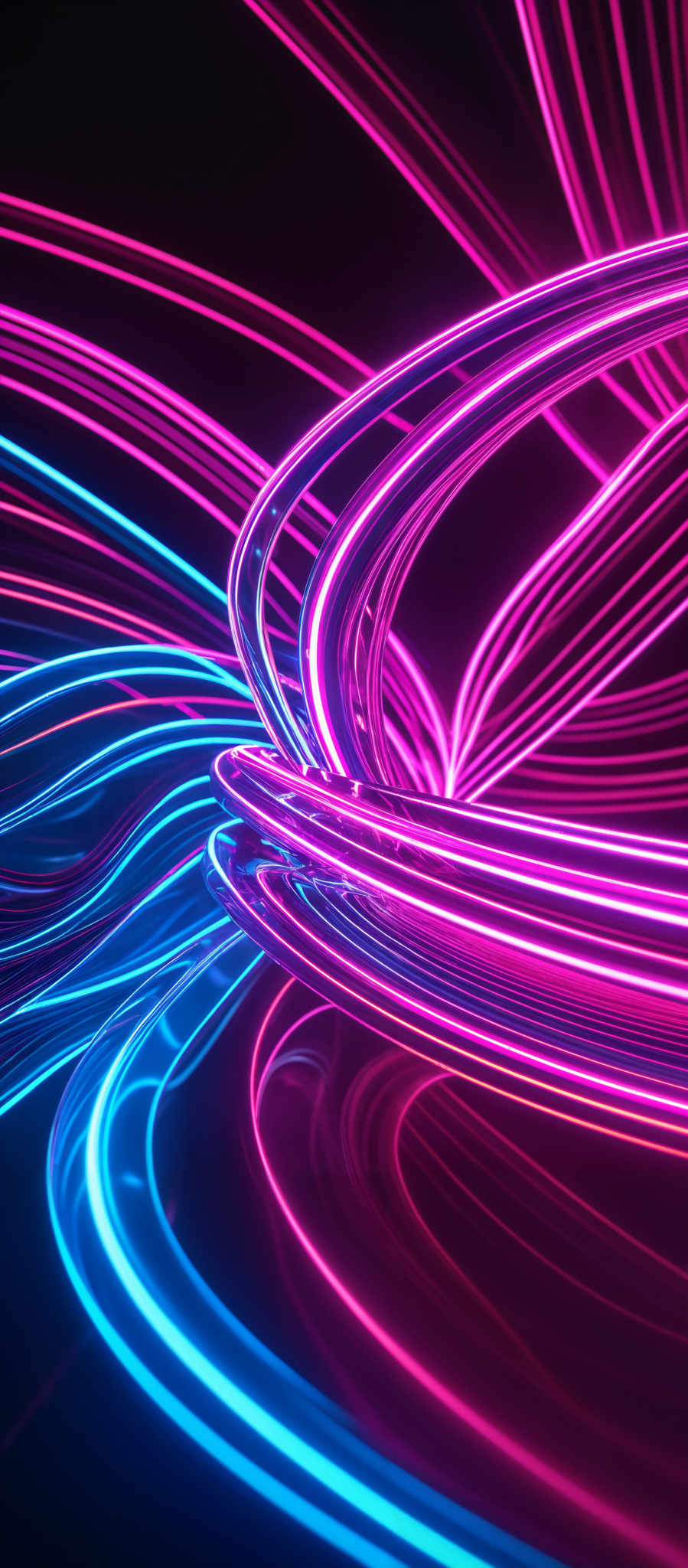 The image showcases vibrant neon colors, predominantly pink, blue, and purple. The shapes are abstract and resemble intertwined, swirling lines or tendrils. These lines appear to be in motion, creating a dynamic and energetic visual effect. The overall composition gives a sense of depth and movement, reminiscent of flowing energy or data streams.