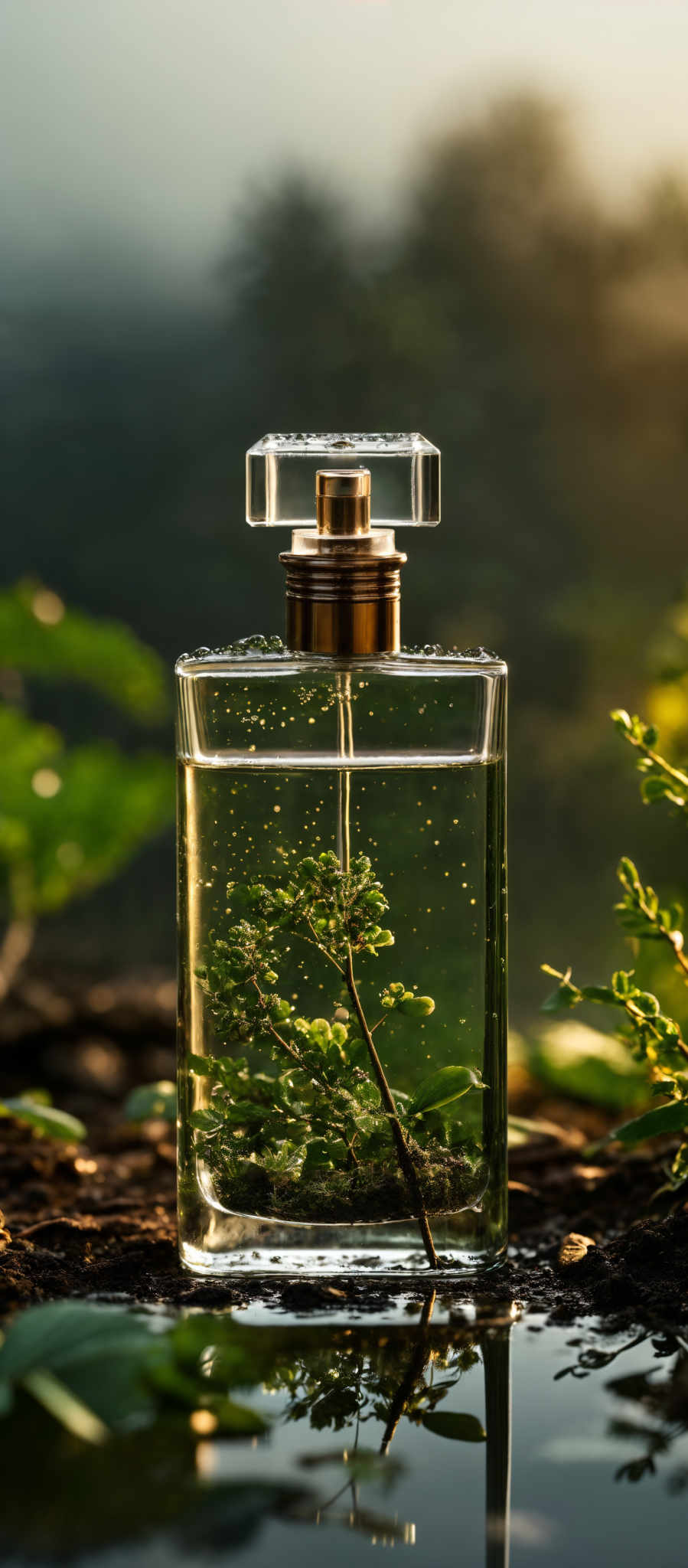 The image showcases a clear glass bottle with a rectangular shape. The bottle contains a liquid with tiny green plants suspended within, giving it a unique appearance. The top of the bottle has a gold-colored cap with a square-shaped design. The background is blurred, but it seems to depict a serene outdoor setting with greenery and a hint of a sunset or sunrise. The image also captures the reflection of the entire scene in a small puddle of water below the bottles.