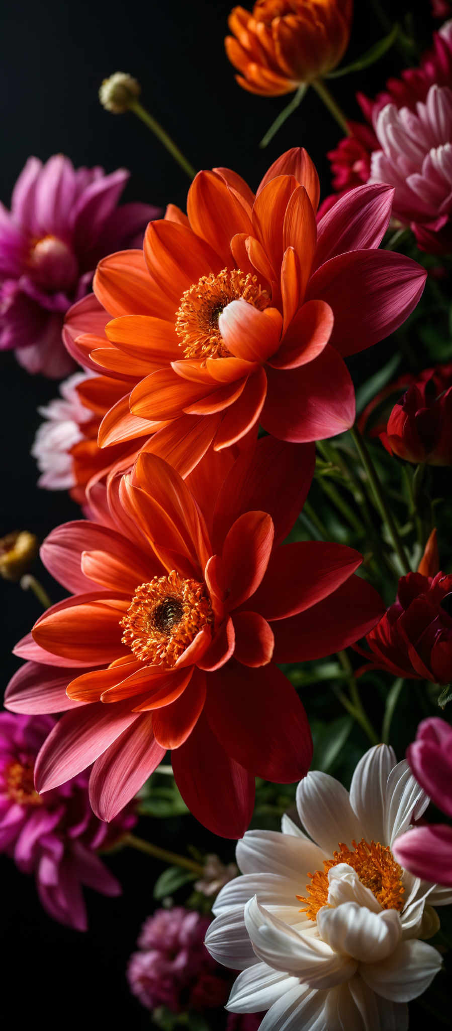 The image showcases a vibrant collection of flowers. The dominant colors are shades of orange, pink, and white. The flowers have a layered petal structure, with the petals radiating outwards in a semi-circular manner. The center of each flower is a tight cluster of yellowish-orange stamens. The background is dark, which accentuates the bright colors of the flowers, making them stand out prominently.