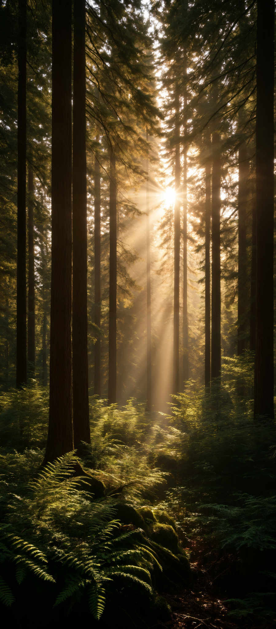 The image showcases a serene forest scene during what appears to be early morning or late afternoon. The dominant colors are varying shades of green from the trees and ferns, and golden hues from the sunlight filtering through the trees. The trees are tall and slender, with their trunks prominently visible. The forest floor is covered with lush green fern undergrowth, and there are small patches of moss and other vegetation. The sun's rays pierce through the canopy, creating a beautiful play of light and shadow, and adding a magical ambiance to the scene.