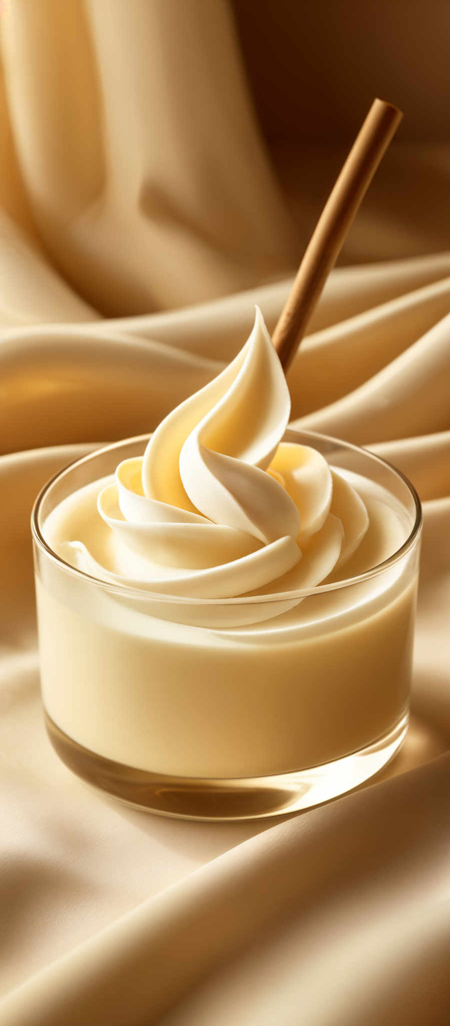 The image showcases a creamy, light-colored dessert, possibly a type of mousse or pudding, in a clear glass bowl. The dessert has a swirled, smooth texture on top, and a wooden stick is inserted into it. The background is a soft, golden hue, creating a warm and inviting ambiance. The lighting accentuates the creamy texture of the dessert and gives it a luxurious appearance.