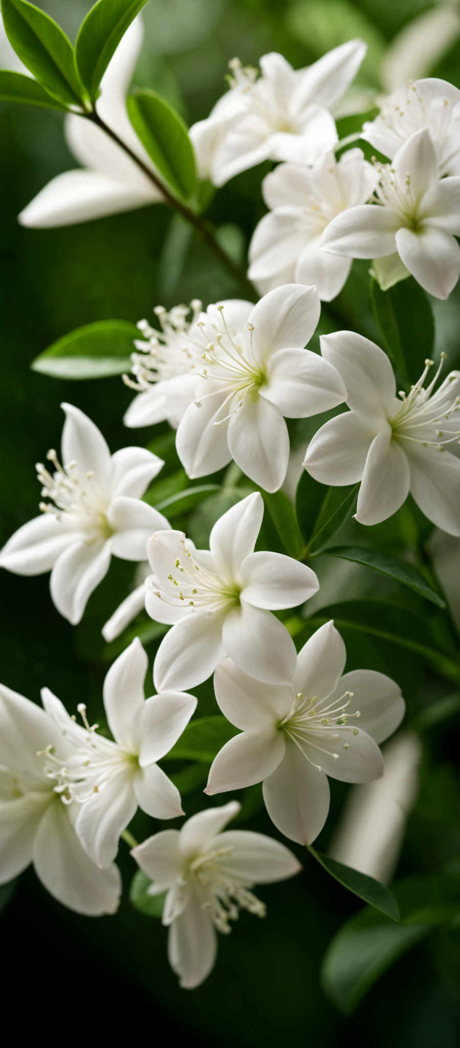 The image showcases white flowers with a delicate petal structure. The flowers have a star-like shape with multiple stamens protruding from their centers. The leaves surrounding the flowers are green, and they appear to be in a natural setting with a blurred background, suggesting a garden or forest environment.