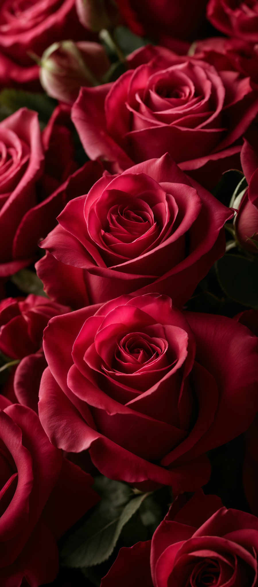 The image showcases a collection of vibrant red roses. The roses have a classic, symmetrical shape with layered petals that spiral outward, revealing a central core. The petals are smooth and have a glossy appearance, reflecting light. The background is filled with more roses, creating a dense arrangement. The overall color palette is dominated by deep reds, with hints of green from the leaves peeking through.