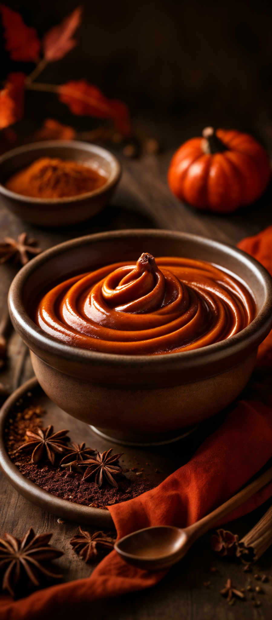 The image showcases a rustic setting with a bowl containing a creamy, orange substance, possibly a sauce or puree. The bowl is placed on a wooden surface surrounded by various spices and ingredients. There's a small pumpkin to the right of the bowl. The colors are warm, with the creamy substance having a rich orange hue. The spices include star anise, cinnamon sticks, and a bowel of what appears to be a red powder, possibly paprika or chili powder. The overall ambiance is cozy, reminiscent of autumn or fall.