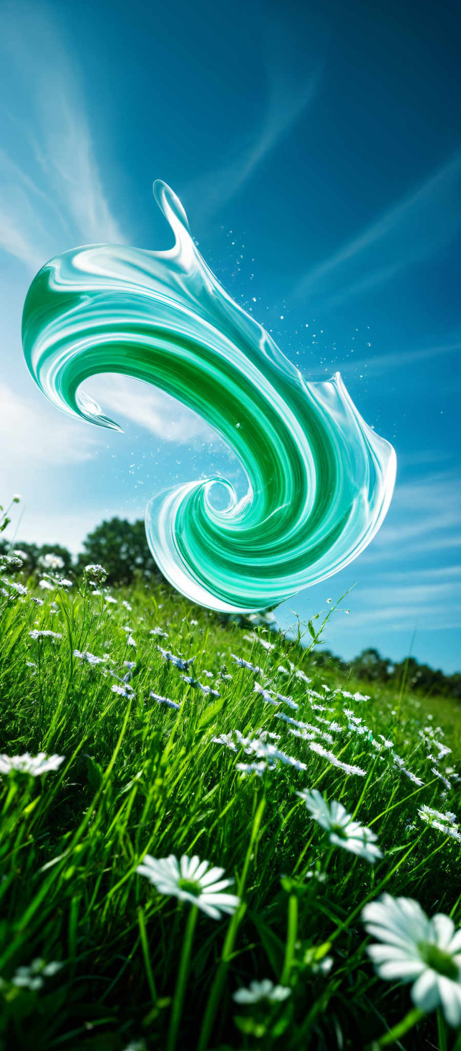 The image showcases a vibrant and dynamic scene. The sky is a clear blue with a few scattered clouds. Dominating the foreground is a lush green meadow dotted with white daisy-like flowers. Above the meadow, there's a swirling, fluid-like formation in shades of green and white. This formation appears to be made of liquid or some other translucent substance, and it's moving in a spiral pattern. The overall ambiance of the image is one of serenity and wonder, with the natural beauty of the meadows contrasted by the ethereal quality of the swirled formation.