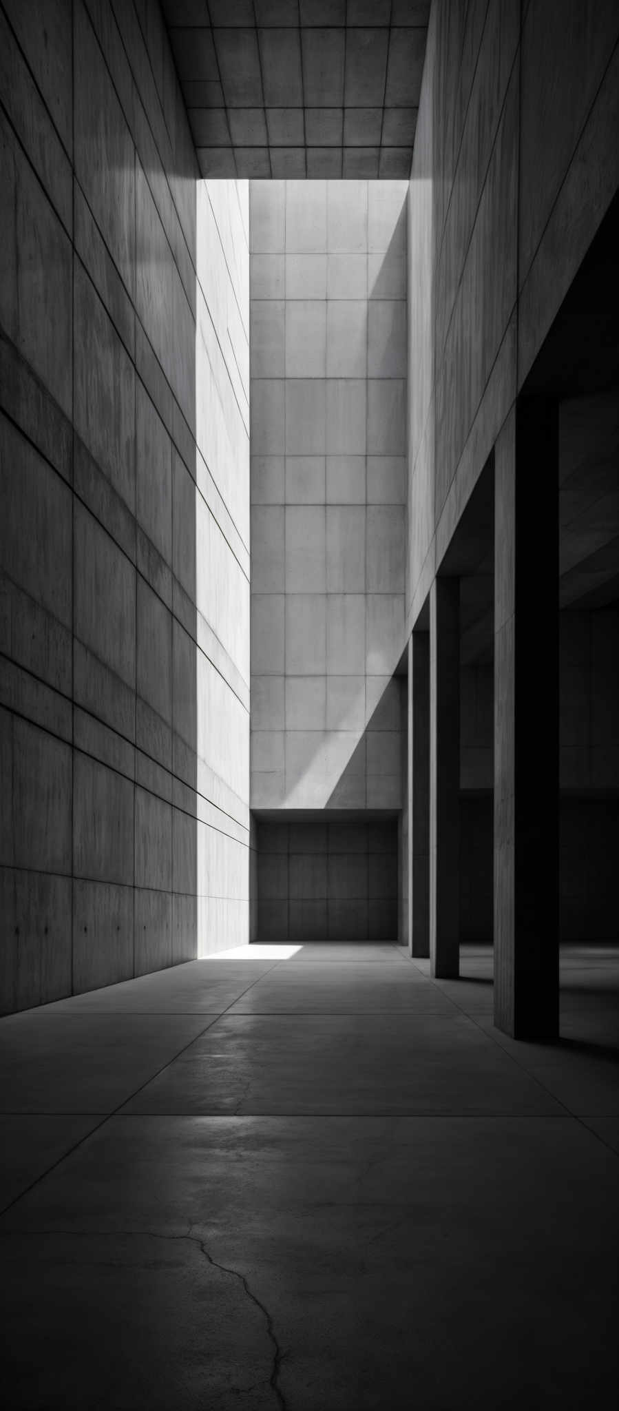 The image showcases a monochromatic, architectural setting. The dominant colors are shades of gray, ranging from light to dark. The structure consists of large, rectangular concrete blocks, forming walls and pillars. The space is characterized by tall, slender columns and expansive, smooth concrete floors. The lighting casts sharp shadows, emphasizing the geometric patterns and textures of the concrete. The image captures a sense of minimalism and modern design.