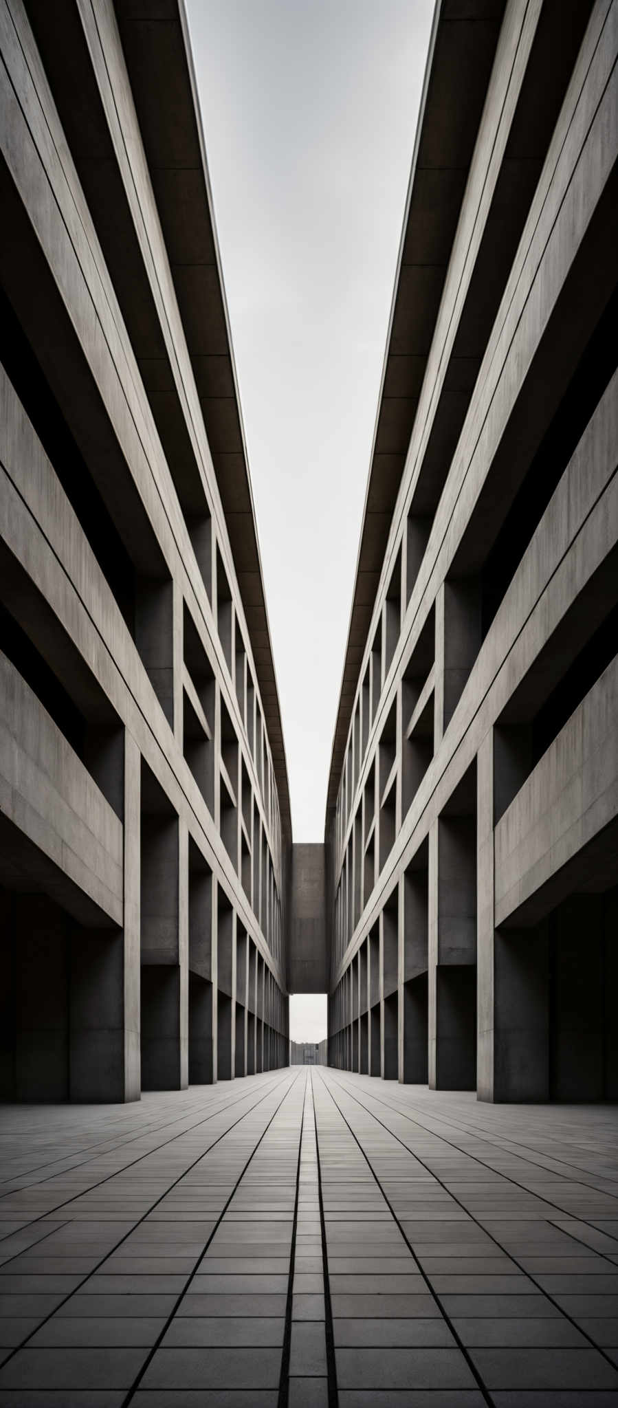 The image showcases a symmetrical architectural structure with a predominantly monochromatic color scheme. The primary colors are shades of gray, black, and white. The structure consists of multiple levels with rectangular openings, creating a repetitive pattern. The floor is tiled with square tiles, and the perspective of the image gives a sense of depth, leading to a vanishing point in the distance.