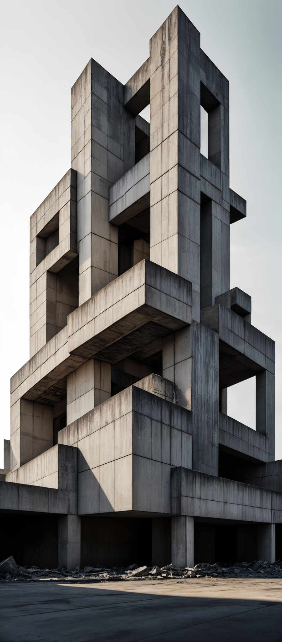 The image showcases a multi-story building constructed from raw concrete. The building has an abstract, Brutalist architectural style, characterized by its blocky, geometric shapes and interlocking structures. The predominant color is a muted gray, typical of raw concrete, with some areas showing signs of wear, such as discoloration and minor damage. The structure has multiple levels, with each level distinguished by its own set of blocky walls and openings. The ground level appears to be devoid of any vegetation or other distinguishing features, and there's a clear shadow cast by the building, indicating a light source from the left side.