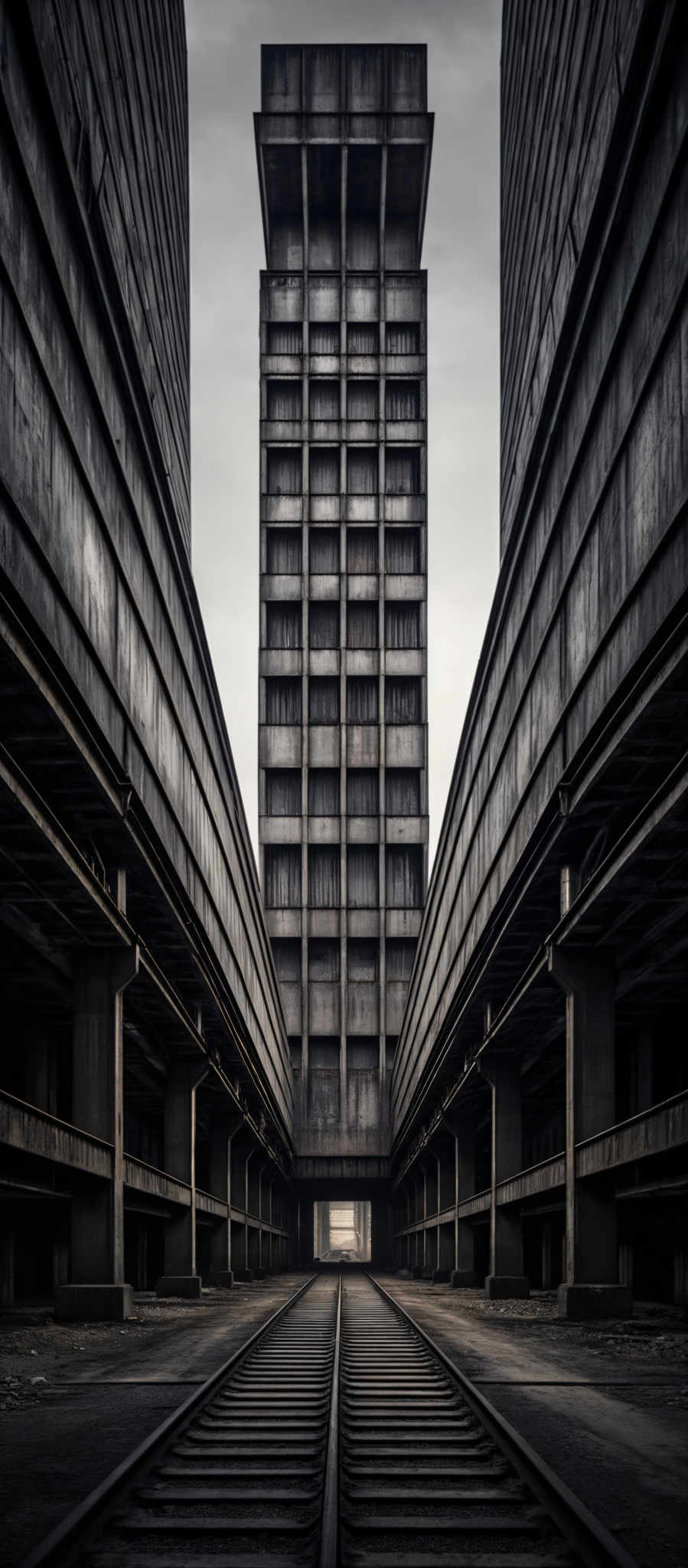 The image showcases a tall, rectangular building with a brutalist architectural style. The building is predominantly gray, with a series of horizontal lines and rectangular windows. The structure is flanked by two shorter buildings on either side, which also exhibit similar architectural features. In the foreground, there are train tracks leading directly to the center of the image, where the building's entrance is located. The tracks are parallel and appear to be made of metal. The overall mood of the picture is somber and industrial, with the overcast sky adding to the gloomy atmosphere.