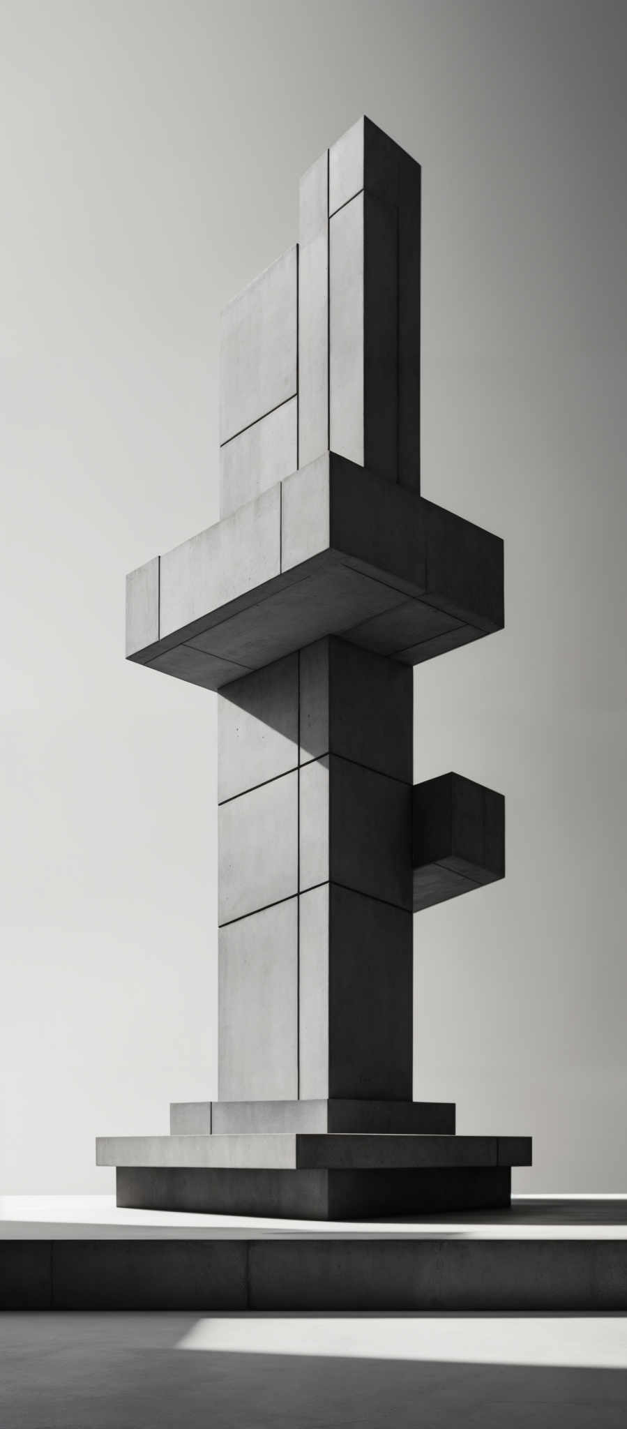 The image showcases a monochromatic scene with varying shades of gray. The primary focus is on a large, abstract structure composed of interconnected blocks. The blocks are geometric in shape, with some protruding outward and others receding into the background. The structure appears to be made of a solid material, possibly concrete, given its texture and appearance. The background is minimalistic, featuring a plain wall and a floor with a subtle shadow pattern.