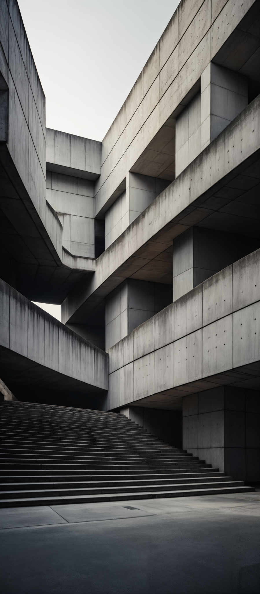 The image showcases a modern architectural structure made of concrete. The predominant color is a muted gray, characteristic of raw concrete. Shapes are geometric and angular, with multiple levels and overlapping platforms. The structure has a series of rectangular and square openings, possibly windows or ventilation points. The staircase in the foreground is made of dark stone or concrete, leading up to the platforms.