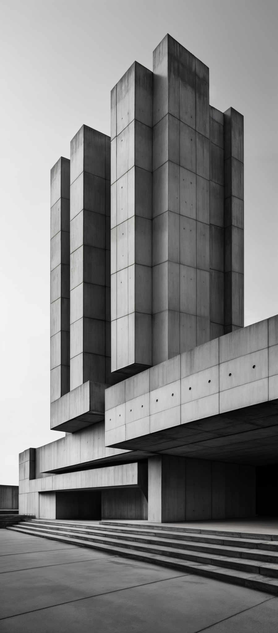 The image showcases a monochromatic, black and white photograph of a modern architectural structure. The building is predominantly rectangular in shape, with multiple tall, vertical concrete blocks. These blocks are interconnected, forming a complex geometric pattern. The structure has a flat roof with a series of small circular openings. The ground level features a series or steps leading up to the entrance of the building. The overall design exudes a minimalist and brutalist aesthetic, characteristic of mid-20th century modern architecture.