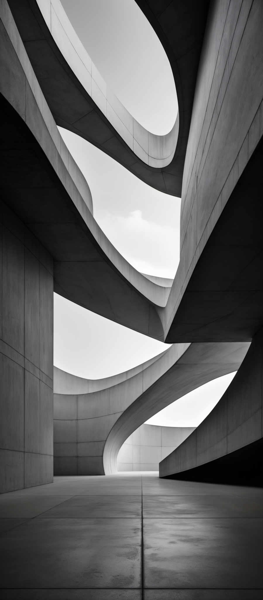 The image showcases a monochromatic architectural structure. The dominant colors are shades of gray, ranging from light to dark. The structure features curved and undulating concrete arches, creating a fluid and organic design. These arches overlap and intertwine, forming a series of interconnected spaces. The floor appears to be made of smooth concrete tiles, reflecting the overhead light. The overall ambiance of the image is serene and modern, emphasizing the architectural beauty and precision of the design.