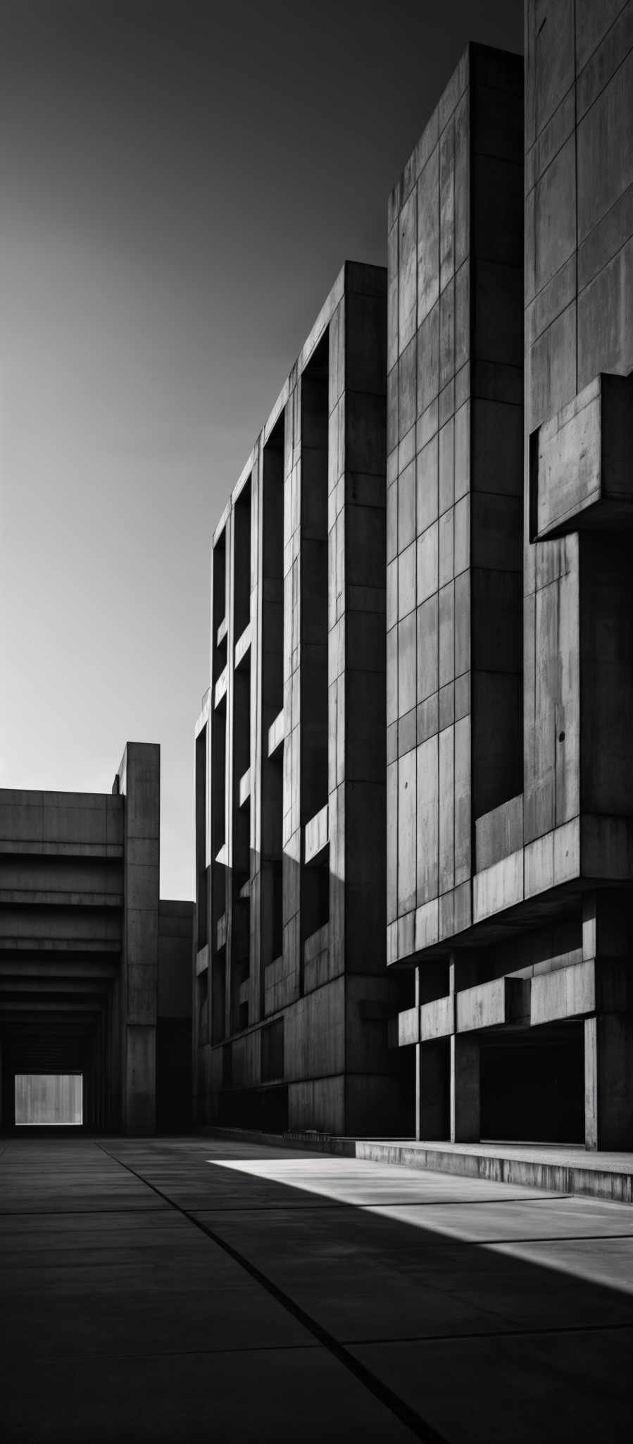 The image showcases a monochromatic, black and white palette. The primary focus is on a series of large, rectangular concrete structures. These structures have a brutalist architectural style, characterized by their raw, unadorned appearance. The concrete has a textured finish, showing signs of wear and weathering. The buildings are interspersed with open spaces, creating a sense of depth and dimension. The shadows cast by the structures add a dramatic effect, emphasizing the geometric patterns and the play of light and dark.