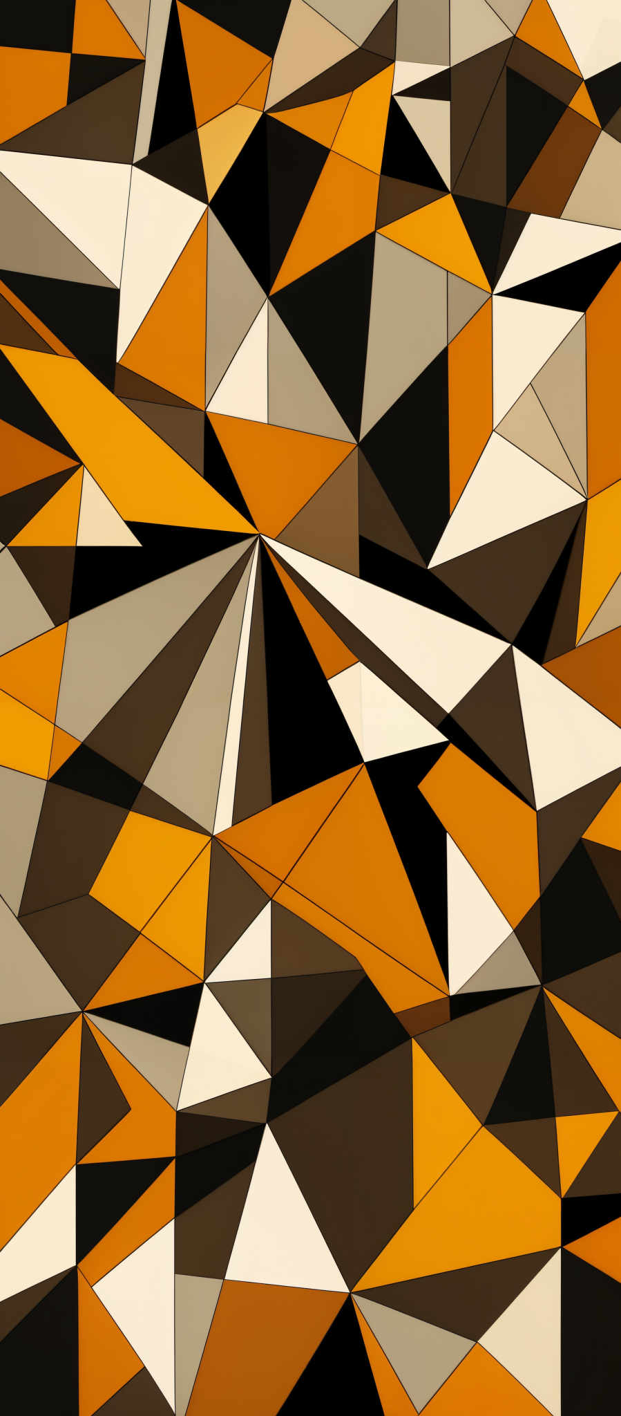 The image showcases a geometric pattern composed of triangles. The triangles are of varying sizes and are colored in shades of orange, white, black, and gray. The arrangement of the triangles creates a dynamic and visually appealing composition, with some triangles overlapping others, creating a sense of depth and dimension.