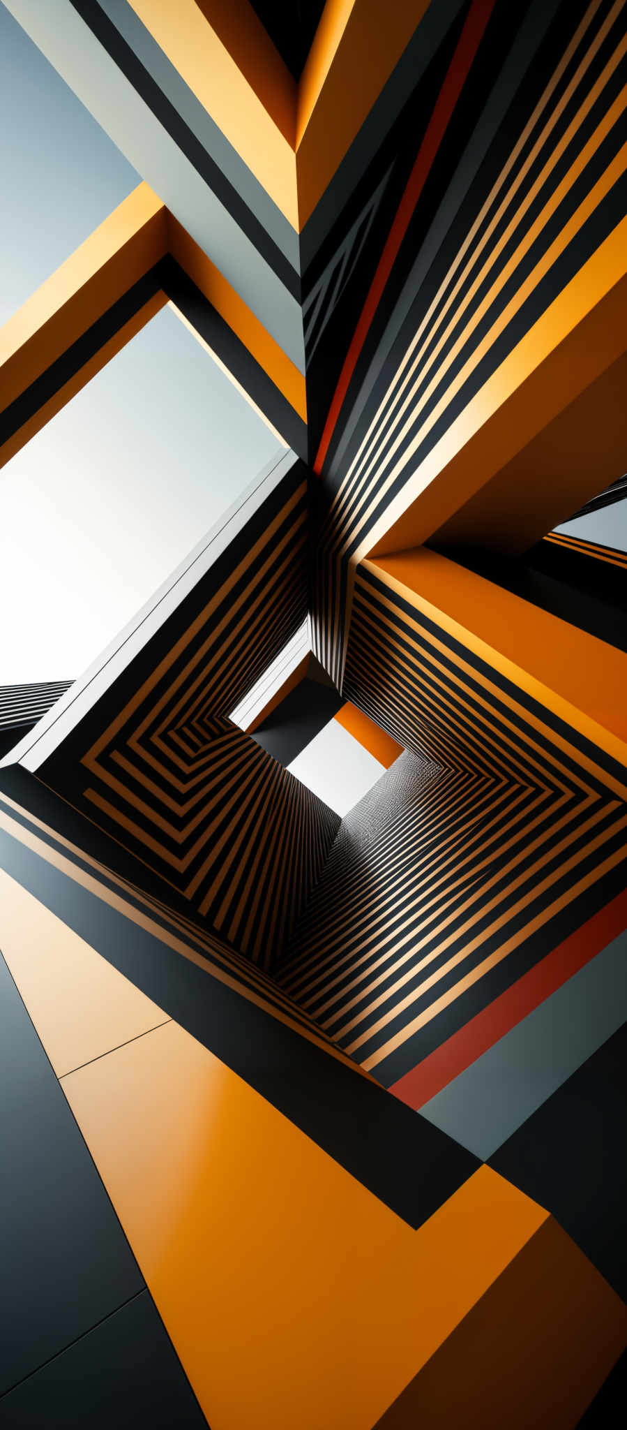 The image showcases a modern architectural design with a focus on geometric shapes. It features a series of interconnected beams and structures in vibrant colors such as orange, black, white, and red. The beams create a maze-like pattern, leading the viewer's eye towards a central opening. The design is both intricate and visually captivating, with the play of light and shadow adding depth and dimension to the scene.