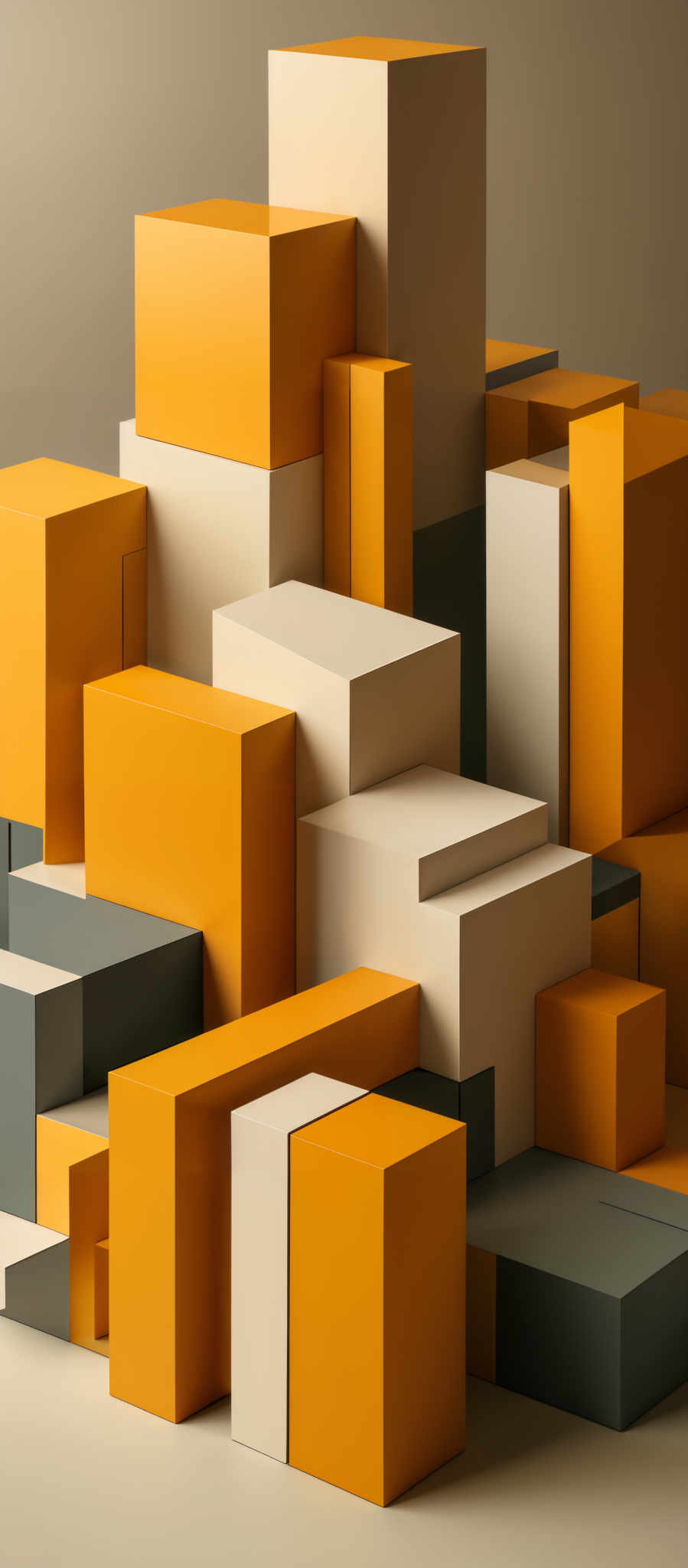 The image showcases a 3D arrangement of rectangular and cubical objects. The predominant colors are shades of orange, white, and gray. The objects are irregularly shaped, with some cubes and rectangles of varying sizes. They are positioned in a way that creates an abstract, geometric composition, reminiscent of a modern art installation or a digital rendering.