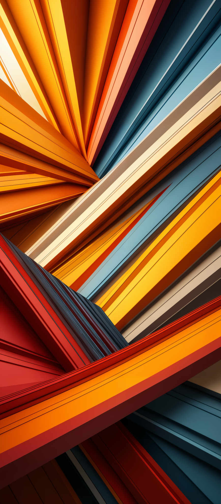 The image showcases a vibrant and dynamic 3D structure composed of intertwining and overlapping colored beams. The colors range from deep reds and oranges to cool blues and yellows. The beams are sharp and angular, creating a sense of movement and dynamism. The overlappings and intersections create a complex and intricate pattern, giving the impression of a modern and abstract architectural design.