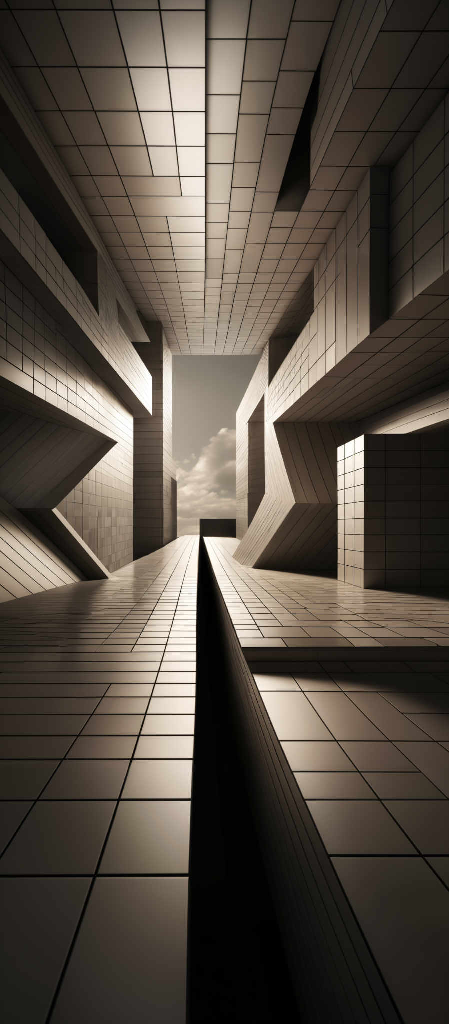 The image showcases a monochromatic palette with varying shades of gray. The dominant shapes are geometric, specifically rectangular and angular structures. These structures are interconnected, forming a labyrinthine corridor or space. The perspective of the image gives a sense of depth, with the corridors receding into the distance, and a clear sky visible at the end, suggesting an open space or a void.