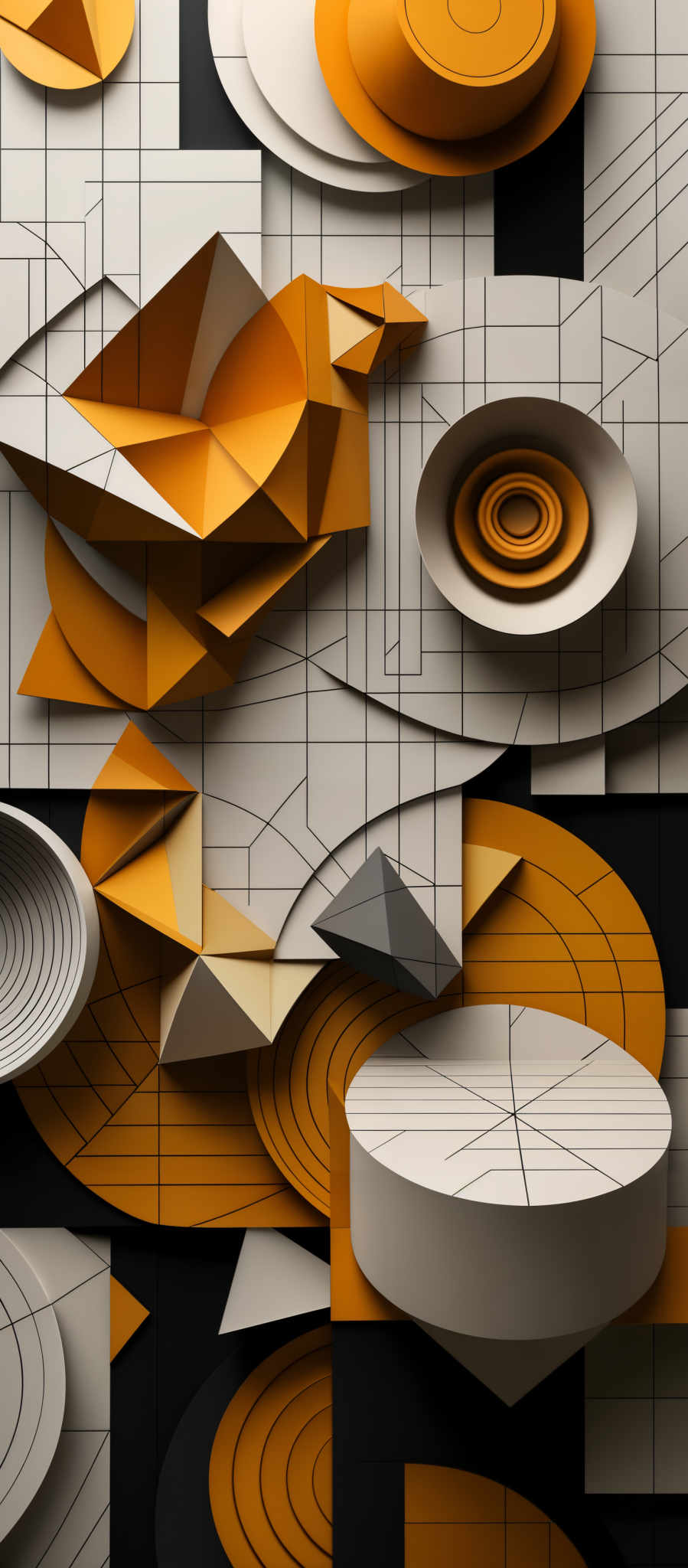 The image showcases an abstract composition of geometric shapes. The dominant colors are shades of orange, white, and black. The shapes include various forms like circles, cones, and polyhedrons. The design appears to be a combination of flat planes and three-dimensional objects, with intricate patterns and lines on some of the surfaces, giving them a structured and precise appearance.