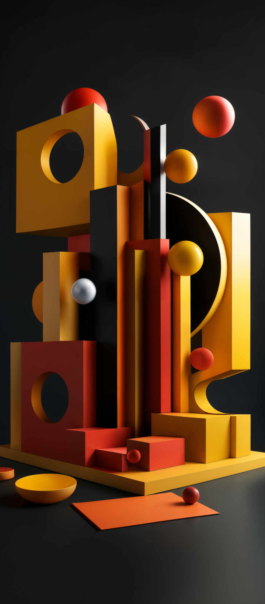 The image showcases an abstract 3D composition made up of various geometric shapes and objects. The dominant colors are yellow, red, and black. The shapes include rectangles, squares, and cylinders, with some of them having holes or cut-outs. There are also spherical objects floating around the composition. The entire setup is set against a dark background, making the vibrant colors pop out even more.