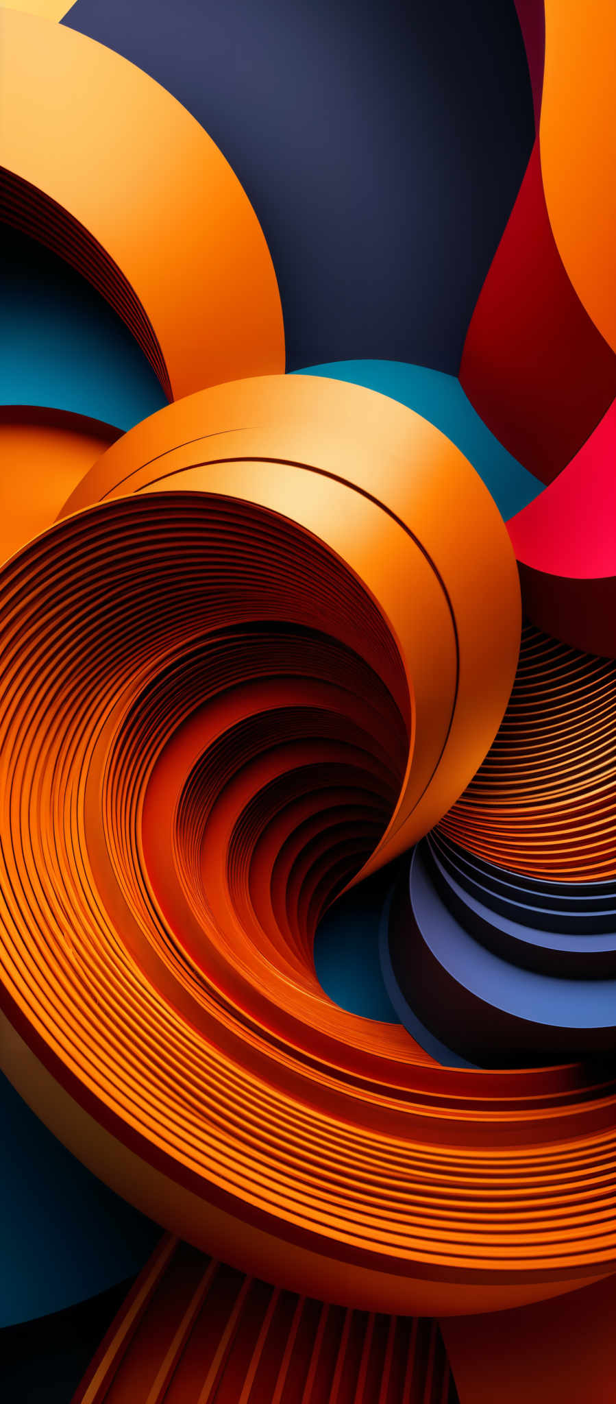 The image showcases a vibrant and dynamic composition of intertwined and overlapping curves. The dominant colors are shades of orange, red, blue, and pink. The shapes are reminiscent of spirals and waves, with the orange and red curves appearing to be layered and intertwining, creating a sense of depth and movement. The blue and pinks form a contrasting backdrop, adding to the visual appeal. The overall composition gives an impression of fluidity and dynamism, as if the shapes are in motion.