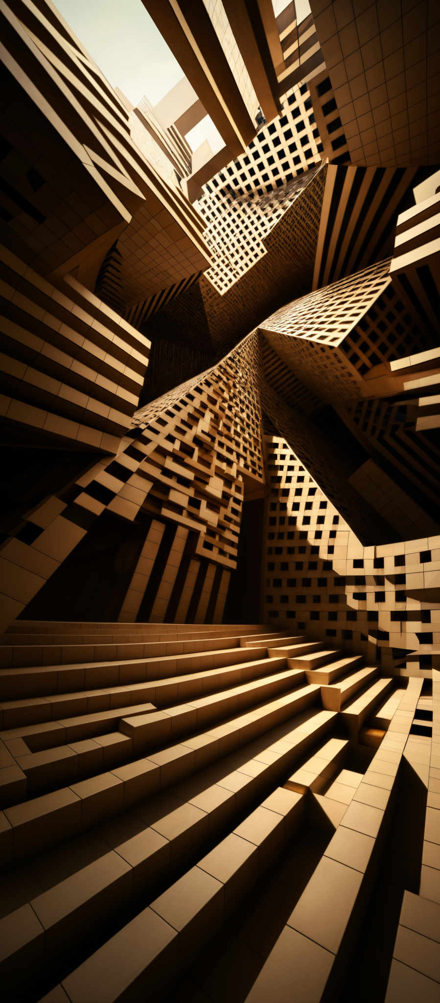 The image showcases a complex architectural structure with a predominant use of brown and beige tones. The structure consists of multiple intertwined and overlapping rectangular and square blocks, creating a labyrinth-like pattern. The design appears to be a 3D representation, with shadows and light playing a significant role in highlighting the intricate details. The perspective is from a lower level looking upwards, giving a sense of depth and grandeur to the architectural marvel.