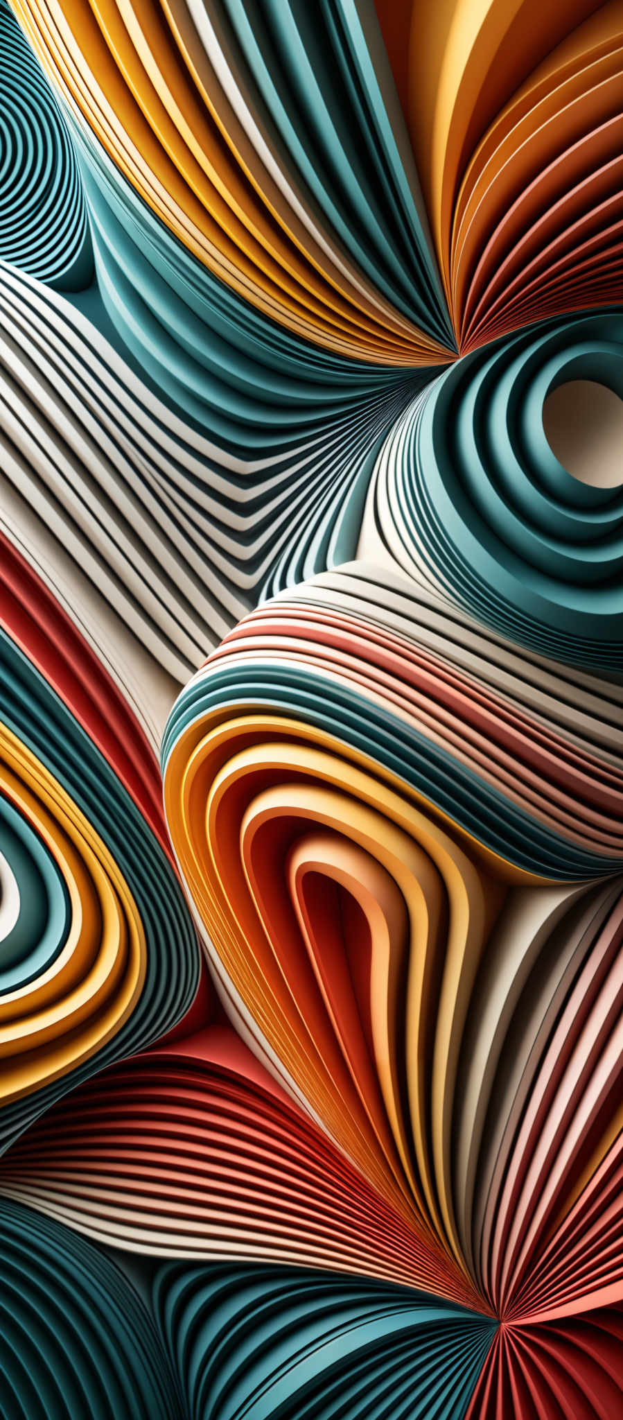 The image showcases a vibrant and intricate design composed of layered, curved patterns. The colors range from deep blues and teals to bright oranges, reds, and yellows. The shapes are predominantly concentric circles and swirls, creating a mesmerizing and dynamic visual effect. The patterns appear to be made of a material that can be sliced or layered to reveal the different colors and designs beneath, giving the image a three-dimensional appearance.