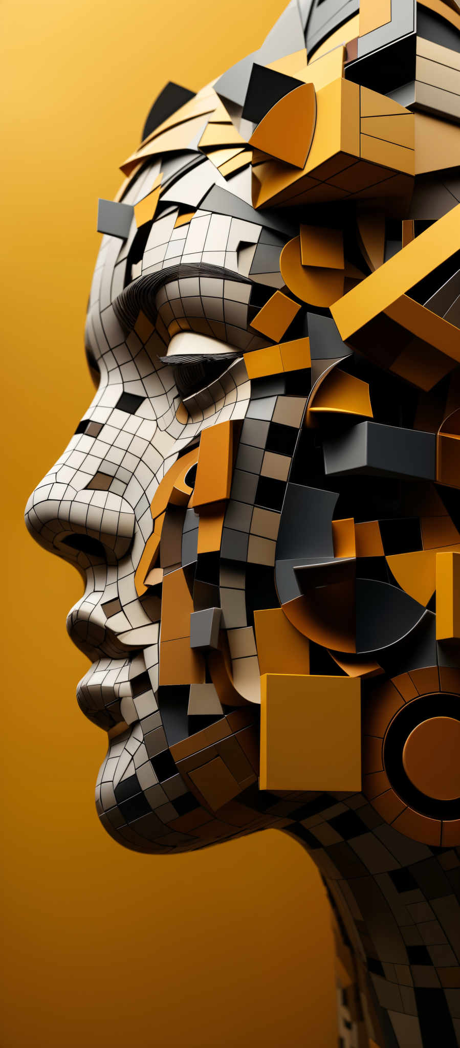 The image showcases a 3D abstract representation of a human face. The face is constructed from various geometric shapes, predominantly rectangles and squares, intertwined and overlapping. The color palette consists of shades of orange, gray, and white. The background is a solid orange, which contrasts with the fragmented appearance of the face, emphasizing its complexity.