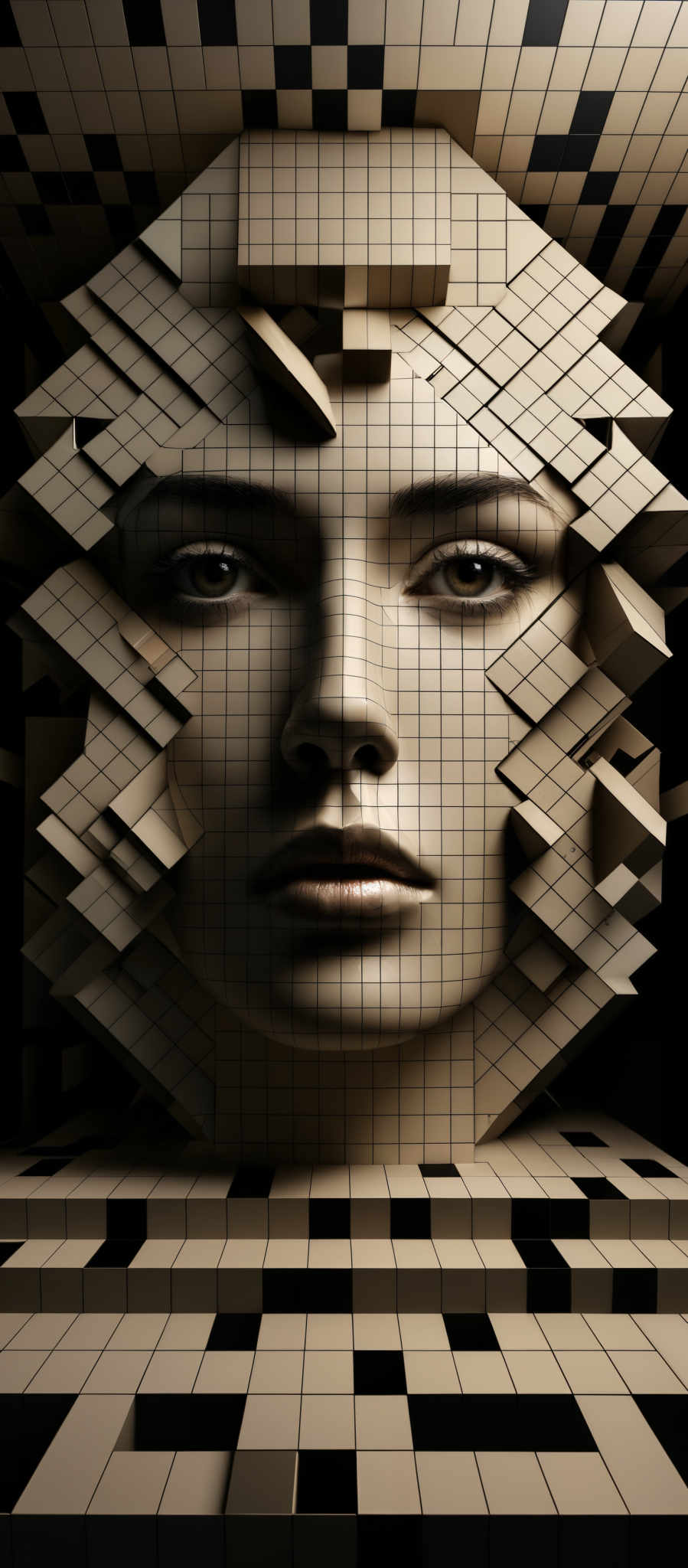 The image showcases a 3D digital artwork of a human face. The face is constructed from a myriad of geometric shapes, predominantly rectangles and squares, that are intricately layered and protrude in various directions. The color palette is primarily composed of beige, brown, and black, with the face itself having a pale complexion. The background consists of a grid-like pattern with alternating light and dark squares, creating a sense of depth and dimension.