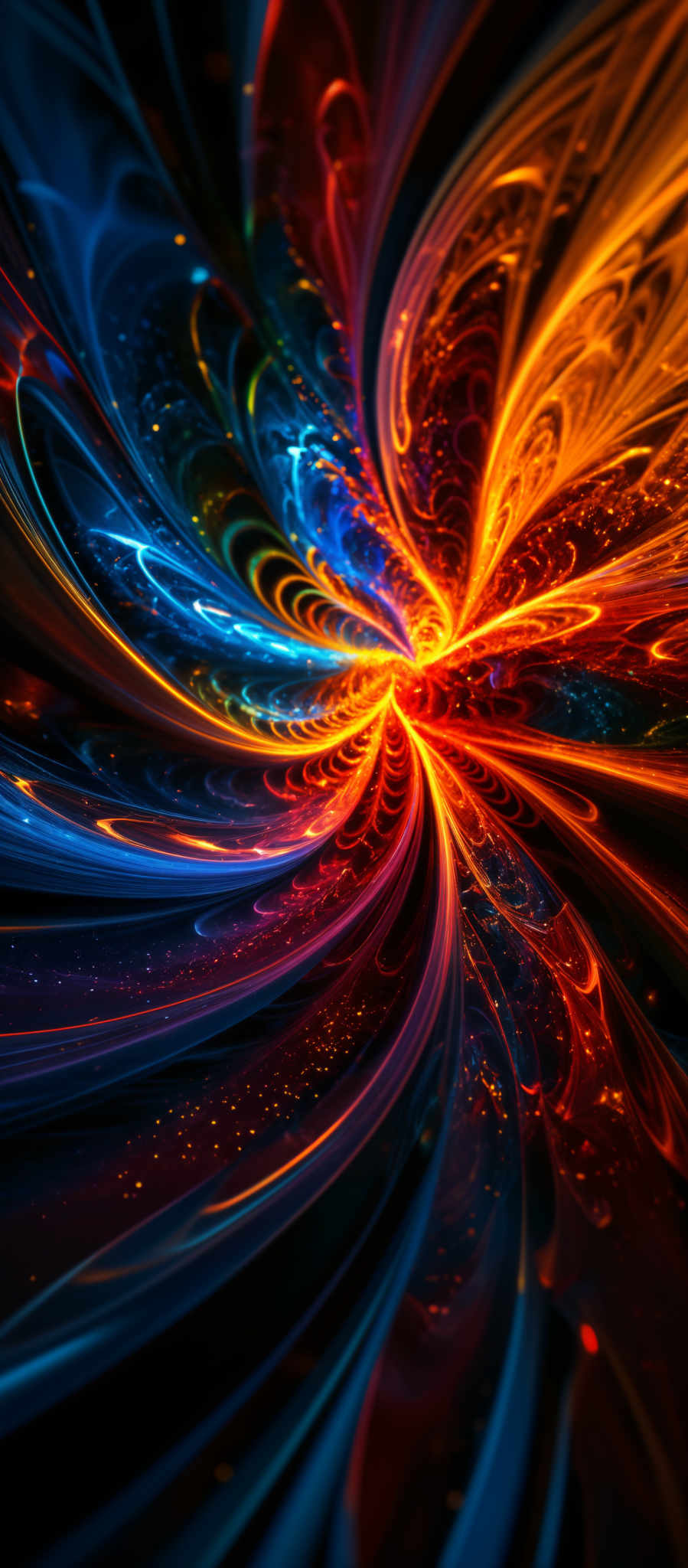 The image showcases a vibrant and dynamic fractal pattern. It predominantly features swirling lines and patterns in a mix of deep blues, fiery oranges, and radiant reds. The fractals seem to emanate from a central point, radiating outwards in a burst of colors and intricate designs. The swirls and patterns give an impression of fluid motion, almost as if the colors are flowing and intertwining with each other.