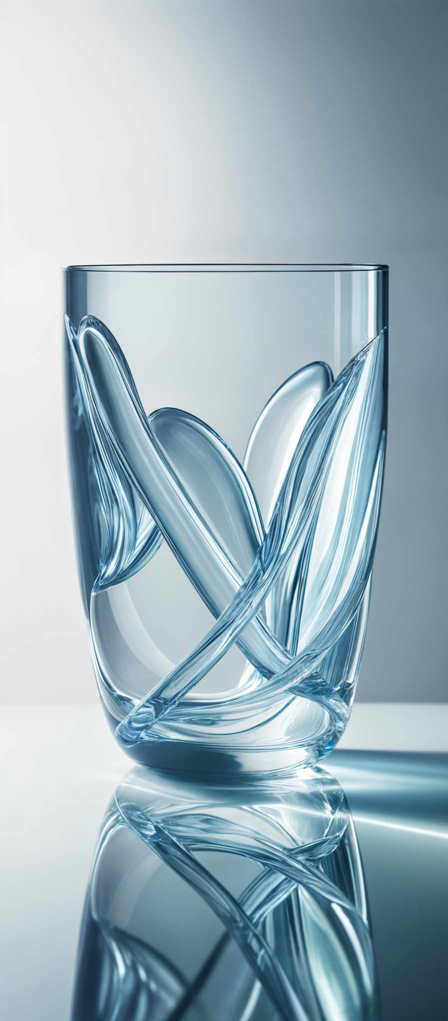 The image showcases a transparent glass with intricate blue swirls and patterns. The glass is placed on a reflective surface, casting a clear reflection of itself. The swirls in the glass are wavy and flowing, creating a sense of movement and elegance. The color palette is dominated by various shades of blue, ranging from light sky blue to deeper navy tones.