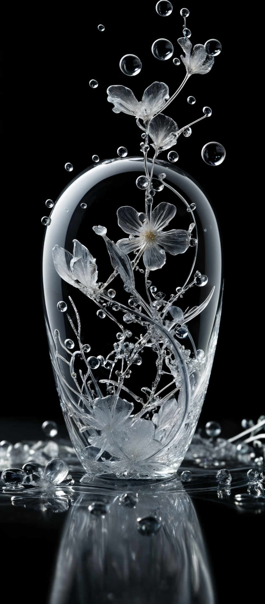 The image showcases a transparent glass vase with intricate floral designs etched into its surface. The vase is filled with clear water, and floating within it are delicate white flowers with translucent petals. Surrounding the flowers are numerous small bubbles of varying sizes, some of which are larger and more pronounced, while others are smaller and more subtle. The background is pitch black, which accentuates the luminosity of the vase and the bubbles, making them appear as if they are glowing.