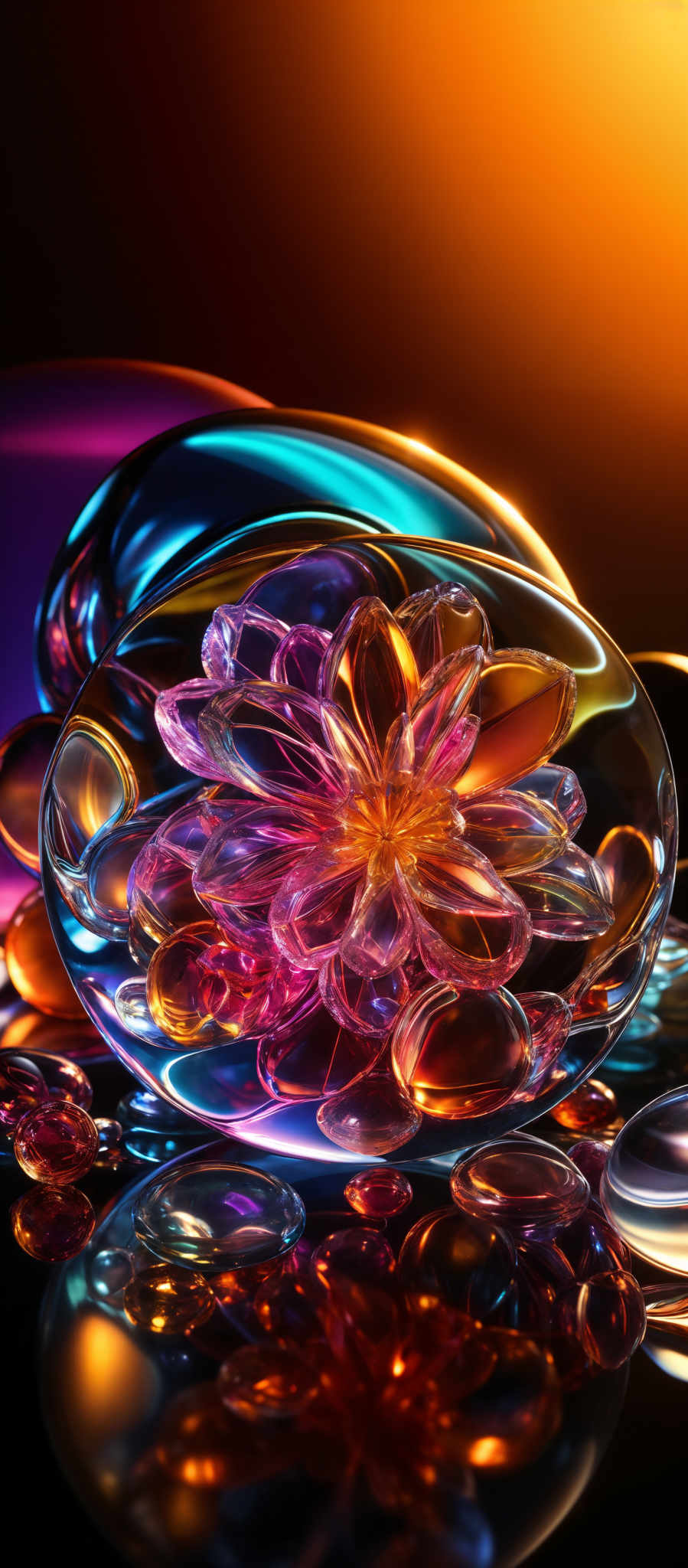 The image showcases vibrant and colorful glass or crystal-like objects. The primary focus is on a large, oval-shaped object that contains a multi-layered, intricate flower-like structure made of smaller, translucent pieces. This flower is surrounded by smaller, round objects that reflect light in various hues, including pink, blue, and gold. The background is a gradient of warm colors, transitioning from a deep orange at the top to a darker shade at the bottom. The entire scene is illuminated, giving the objects a shimmering and glowing appearance.