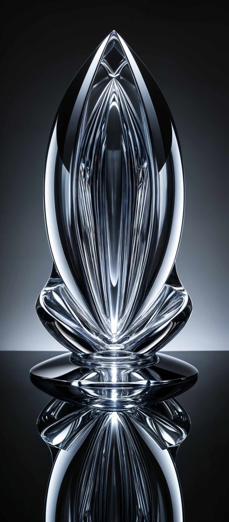 The image showcases a clear, reflective, and intricately designed glass sculpture. The sculpture is shaped like a flame or a leaf, with multiple layers and ridges that give it a dynamic and three-dimensional appearance. The glass is transparent, allowing us to see its internal structure and reflections. The background is dark, which accentuates the luminosity and details of the glass sculptures.