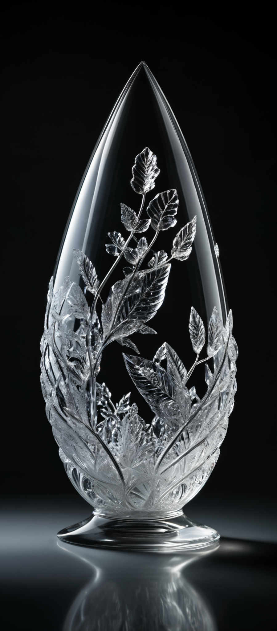 The image showcases a clear, teardrop-shaped glass object. It is intricately designed with detailed engravings of leaves and branches. The glass appears to be highly polished, reflecting light and showcasing the depth and precision of the design. The background is dark, which accentuates the luminosity and clarity of the glass object, making the intricate details stand out prominently.