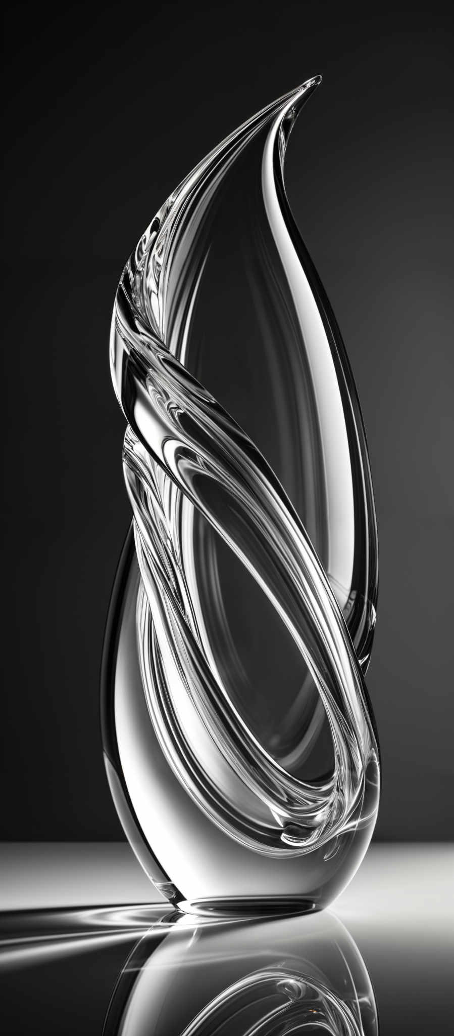 The image showcases a clear, glass sculpture that appears to be a teardrop or elongated oval shape. It has a smooth, reflective surface, capturing and reflecting light in a way that emphasizes its curves and contours. The sculpture is positioned against a dark background, which accentuates its luminosity and form. The reflection of the sculpture can be seen on a glossy surface below it, creating a mirror image.