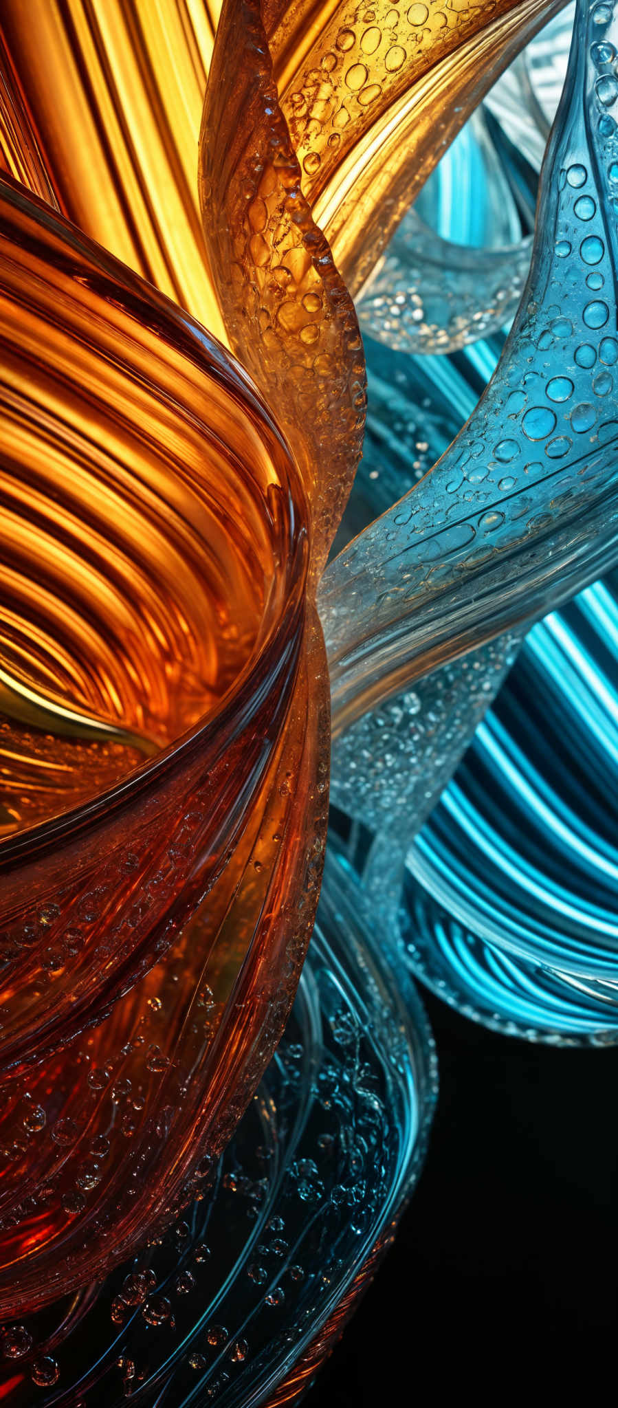 The image showcases an abstract representation of intertwined glass or crystal structures. The predominant colors are shades of orange, gold, and blue. The shapes are fluid and curvy, resembling ribbons or tendrils. The structures are adorned with bubbles or droplets, giving them a textured appearance. The interplay of light and shadow accentuates the depth and dimension of the structures.