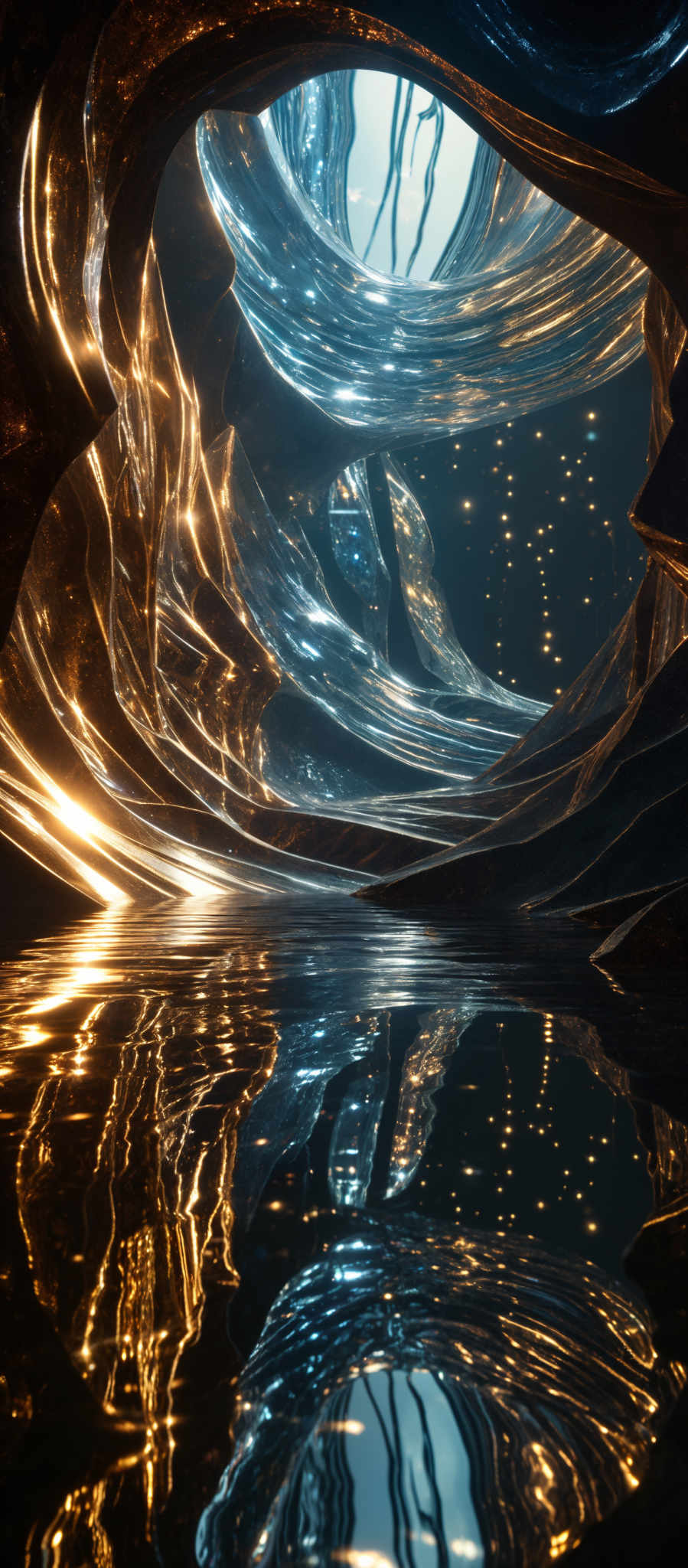 The image showcases a mesmerizing and intricate design that appears to be a part of a futuristic or fantastical environment. The dominant colors are deep blues and golds. The shape is curvilinear, with flowing patterns reminiscent of liquid or waves. The design seems to be made of a reflective material, as it mirrors its surroundings, especially the glowing orbs and patterns that are scattered throughout the image, adding to its ethereal quality.