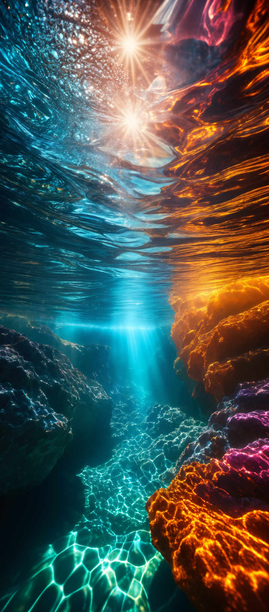 The image showcases a breathtaking underwater scene. The water is clear, allowing sunlight to penetrate and create a shimmering effect on its surface. The sun's rays pierce through the water, creating a radiant display of light. The underwater terrain is rocky, with large, jagged rocks visible. The rocks exhibit a rich palette of colors, ranging from deep purples and blues to fiery oranges and reds. The play of light on these rocks creates a mesmerizing pattern of reflections and shadows. The bottom of the image reveals a sandy floor with a distinct pattern, possibly formed by the movement of water over time.