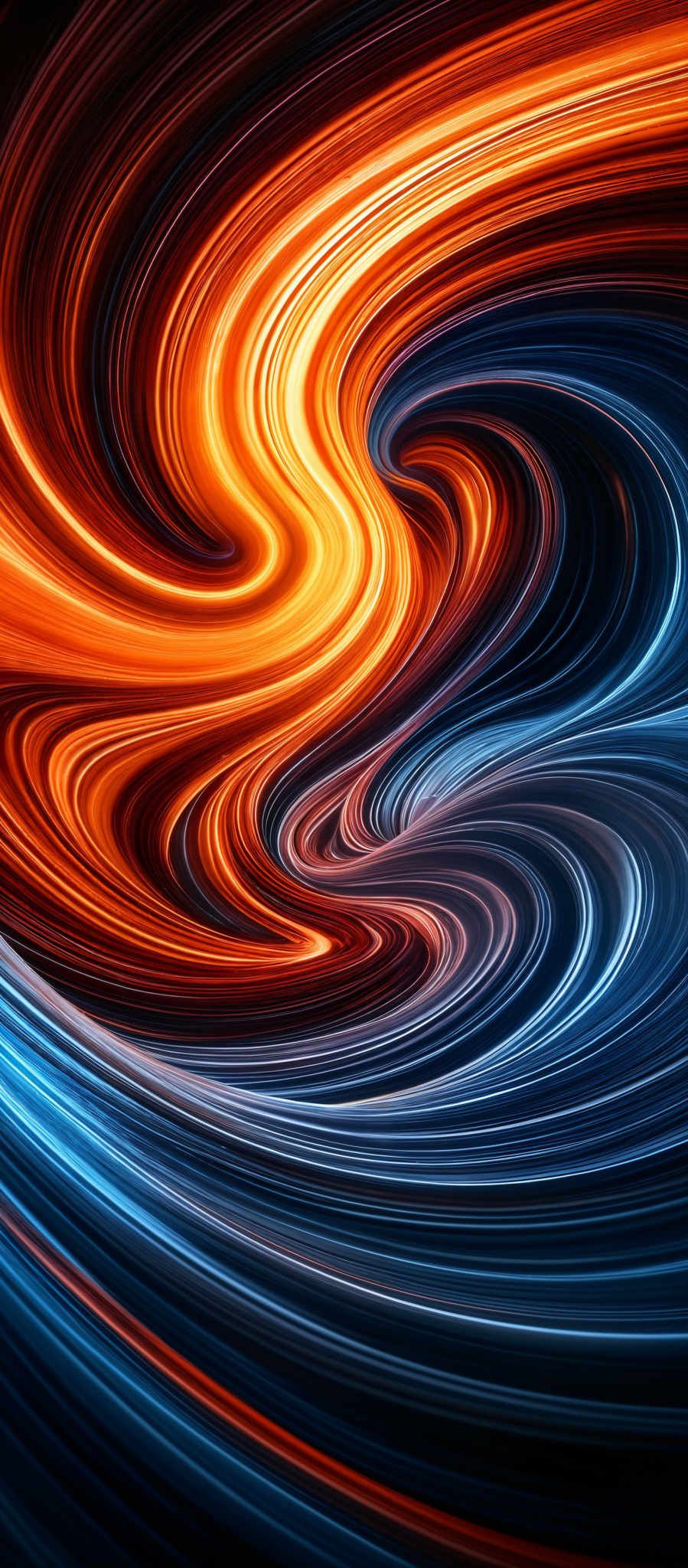 The image showcases a vibrant and dynamic swirl of colors. The predominant colors are fiery orange and deep blue, with streaks of white and black intertwined. The swirls create a fluid motion, reminiscent of molten lava or a whirlpool. The shape is reminisccent of a vortex or whirl, with the colors spiraling inwards and outwards, creating a mesmerizing effect.