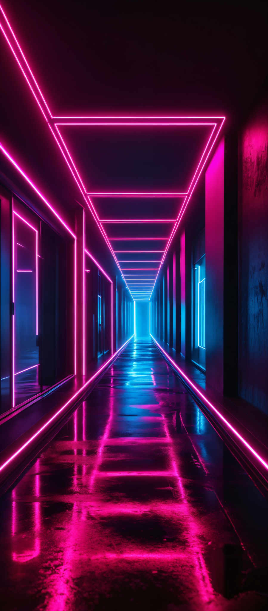 The image showcases a modern, dimly lit corridor with a futuristic design. The dominant colors are deep purples and pinks, emanating from neon lights that line the corridors. The lights create a series of geometric shapes, primarily rectangles, that form the corrdors' boundaries. The corridory itself is wet, reflecting the neon glow, and has a smooth, polished surface. On the right side, there's a dark wall with a textured, almost grunge appearance. The floor is wet and shiny, with puddles scattered around, suggesting recent rainfall or a spill.