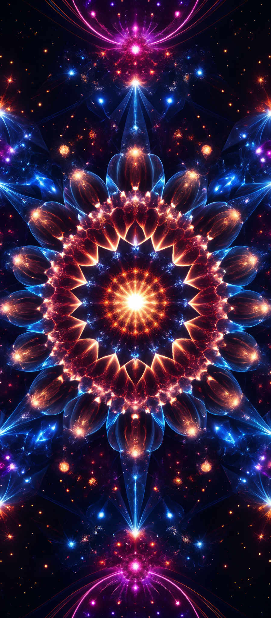 The image showcases a vibrant and intricate digital artwork. It predominantly features a symmetrical design with a central radiant glow, surrounded by swirling patterns of blue, red, and gold. The artwork is reminiscent of a cosmic or celestial theme, with bright stars and nebulous formations scattered throughout. The intricate details and vivid colors give it an ethereal and mesmerizing appearance.