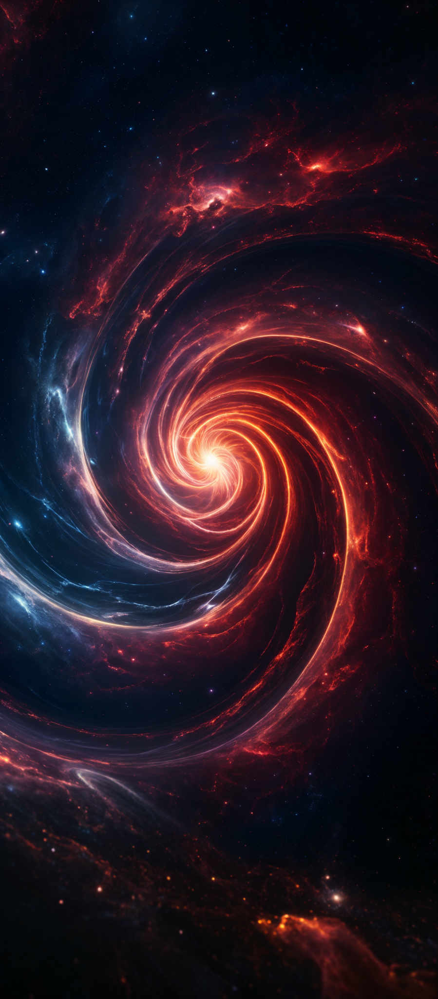 The image showcases a mesmerizing cosmic scene with swirling patterns of vibrant colors. Dominating the center is a bright, glowing spiral, emanating a fiery orange and red hue. This spiral is surrounded by a deep blue and black void, punctuated by distant stars. The swirled patterns give the impression of a galaxy or nebula in motion, with the colors possibly representing different types of gases or cosmic phenomena.