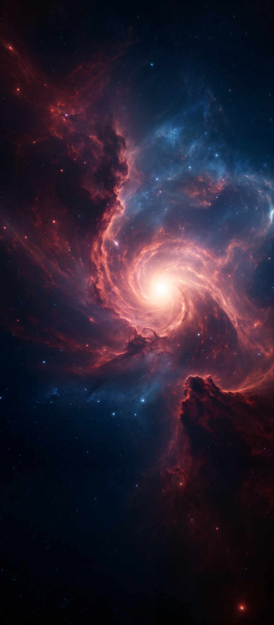 The image showcases a mesmerizing cosmic scene. Dominated by deep blues and fiery reds, it depicts a swirling galaxy with a bright, glowing core. The galaxy's arms are adorned with intricate patterns of gas and dust, illuminated in hues of orange and pink. The vastness of space is punctuated by distant stars, some of which are captured in the galaxy’s spiral arms. The overall composition is both awe-inspiring and scientifically accurate, representing the beauty and complexity of our universe.