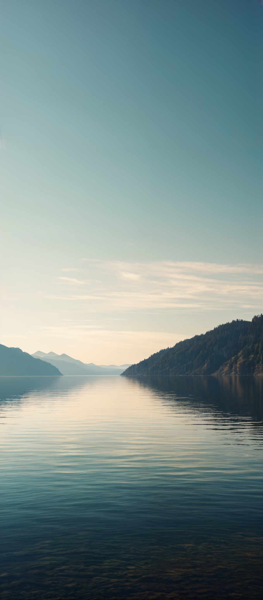 The image showcases a serene landscape with a vast body of water reflecting the sky. The sky is painted in shades of blue, transitioning from a deeper hue at the top to a lighter one near the horizon. There are thin, wispy clouds scattered across the sky, adding depth and texture. The water mirrors the sky's colors, creating a harmonious blend. On the right side, there's a dense forested area with varying shades, suggesting different types of vegetation. The calm waters reveal the underwater terrain, with subtle patterns and textures visible.