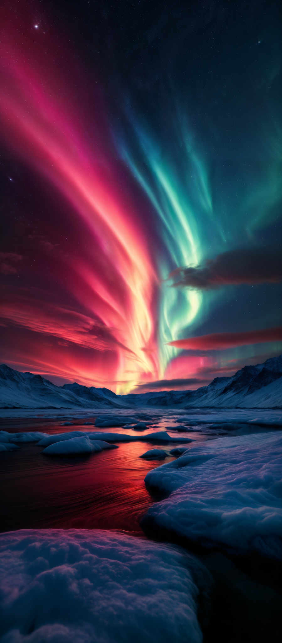 The image showcases a breathtaking view of the Northern Lights, also known as the Aurora Borealis. The colors are a vibrant mix of red, green, and blue, creating an ethereal dance across the night sky. The shape is reminiscent of curtains or waves, flowing gracefully from one side to the other. Below, there's a serene landscape of snow-covered mountains and a body of water reflecting the colors of the sky.